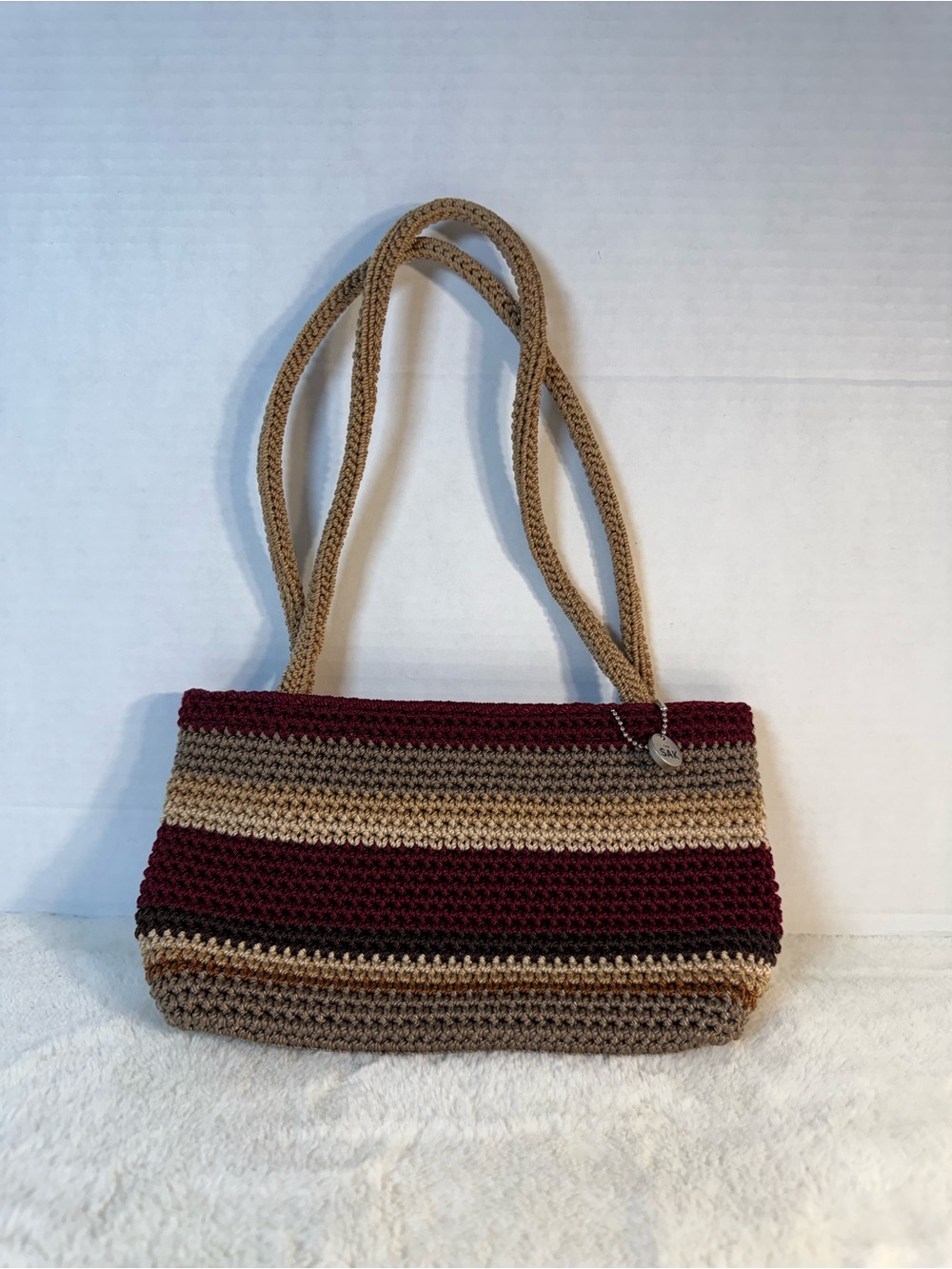 Sak Mini Striped Crochet Shoulder Bag in Burgundy and Tan Y2K